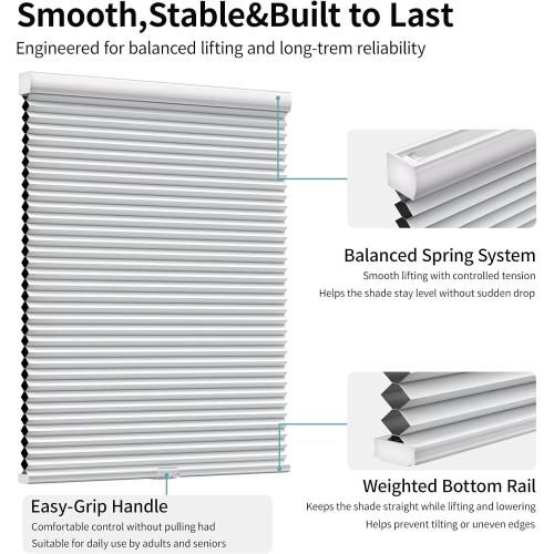MYshade Cordless Blackout Cellular Shades for Windows, Honeycomb Window Shades with Thermal Insulation, Child & Pet Safe Room Darkening Shade, Easy Install,38 W x 72 H, White