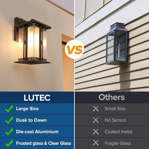 LUTEC 13 Dusk to Dawn Outdoor Wall Sconce, Matte Metal Frame and Double Glazing, Craftsman Style Outdoor Light Fxture with E26 Base, Waterproof Porch Light for Doorway (Pack of 2)