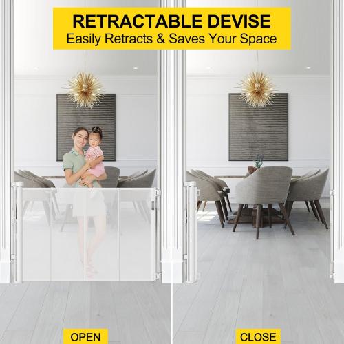 Reinforced 42” Extra Tall Retractable Dog Gate for Doorways 60” Wide Mesh Baby Gate, Tall Baby Gates for Stairs with Rods to Prevent Crawling Through Retractable Pet Gate Indoor Outdoor, White