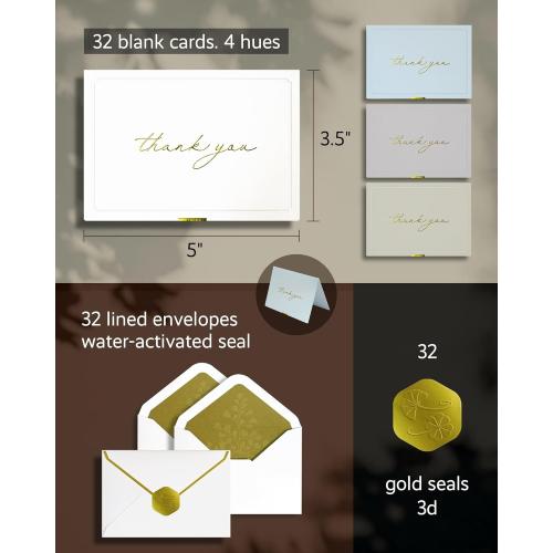 ukee's Gold Foil Thank You Cards with Envelopes Bulk, 32-Pack Embossed Blank Thank You Notes in 4 Colors w/Gold Seal Stickers - Minimalist Designs for Baby Shower, Wedding, Small Business, Graduation