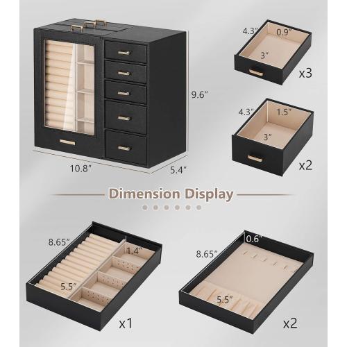 Homde Large Jewelry Box/Organizer/Case with Glass Window, Drawers for Necklaces Earrings Rings Bracelets Watches Gift for Women Girls