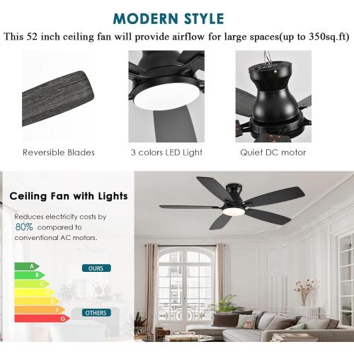 Ceiling Fans with Lights, 52 Inch Low Profile Ceiling Fan with Light and Remote Control, Flush Mount, DC Reversible Motor, Noiseless, Black 6 Speeds Ceiling Fan for Bedroom