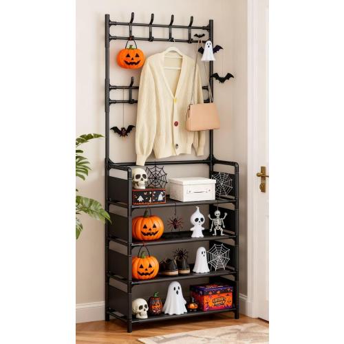 Color Black Size 5 Tier Coat and Shoe Rack,Modern Minimalist Coat Rack with 8 Hooks,Freestanding Entryway Shoe Shelf for Living Room, Hallway, Bedroom Black