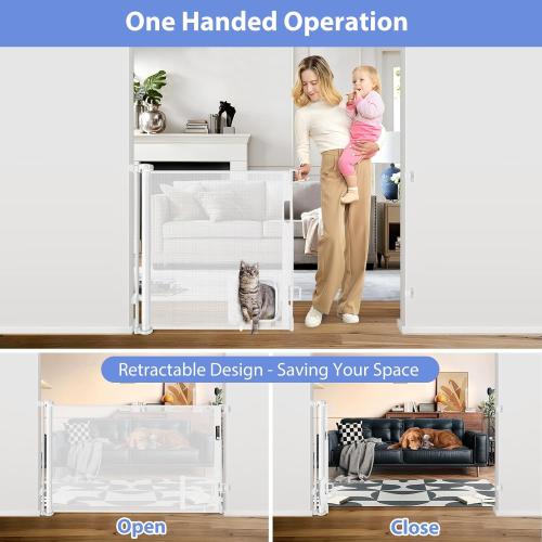 WHITE Retractable Baby Gate with Cat Door 55 Wide Retractable Baby Gate for Stairs Mesh Baby Gate with Pet Door Retractable Dog Gate for The House Retractable Pet Gate with Door Safety Gates for Toddlers