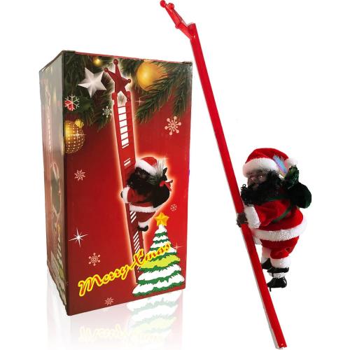 Black Santa Claus Climbing Ladder to Christmas Tree, African American Santa Christmas Decoration with Music Lights, Include Instructions for Tree Hanging Ornament, Xmas Gift