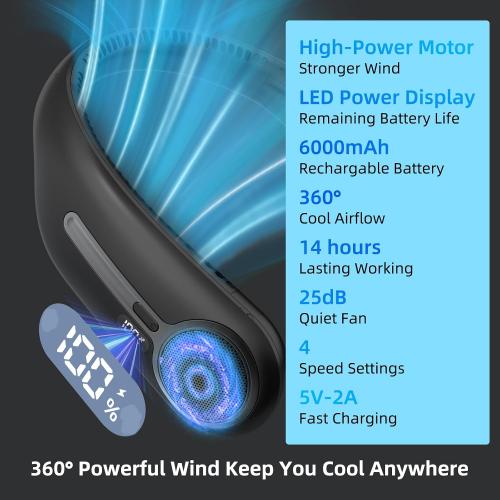 Portable Neck Fan, Personal Wearable Bladeless Fan, 6000mAh USB Rechargeable, 360° Airflow, LED Display, 4-Speeds, Hands Free Fan for Outdoor Indoor, Birthday Gifts for Men Women Dad Mom (Black)