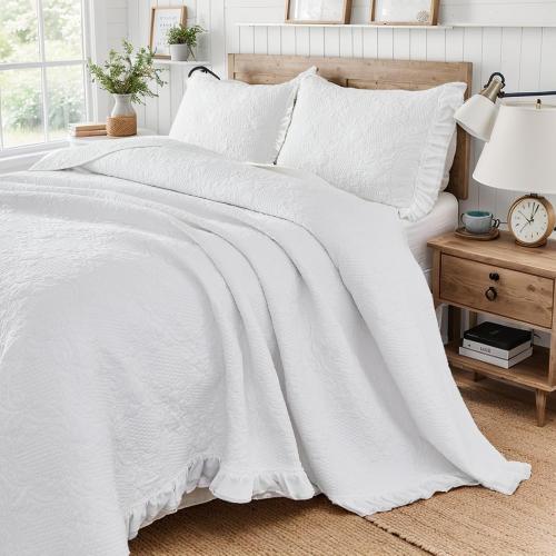Brandream White Quilt Set King Size Cotton Farmhouse Paisley Matelasse Coverlet Set Ruffle Bedspread