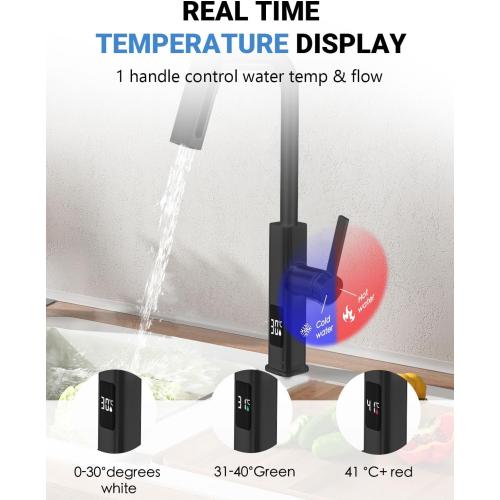 Black Kitchen Faucet with Pull Down Sprayer, Waterfall Pull Out Kitchen Faucet with Temperature(Batteries-Free), 4 Mode Faucet & 360 Swivel Spout, Single Handle Faucet for 1 Hole Sink