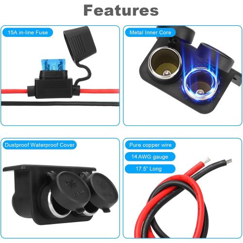 2PCS Cigarette Lighter Socket with Blade Fuse, 2-Socket Cigarette Lighter Splitter 12V Lighter Power Outlet Replacement Waterproof Plug for Car Marine Truck ATV RV