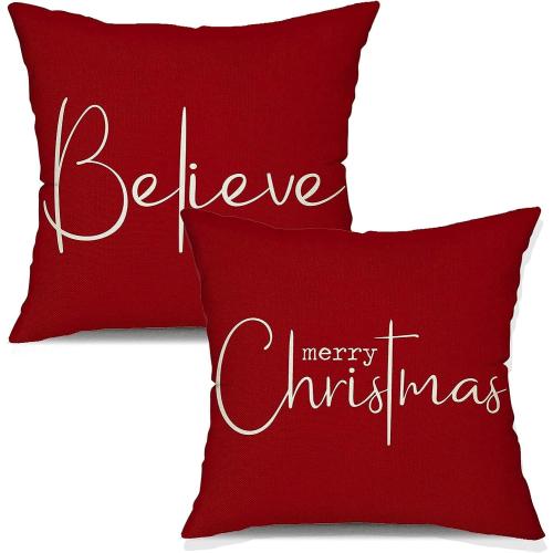 DFXSZ Christmas Throw Pillow Covers 20x20 Inch Set of 2 Merry Christmas Farmhouse Decorations Believe Holiday Decor Throw Cushion Case for Home Couch