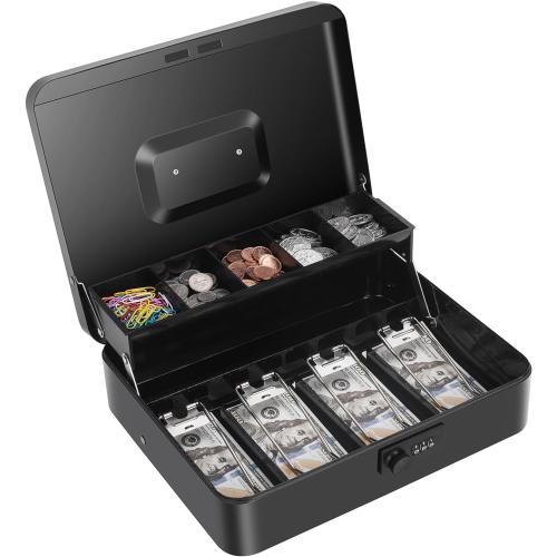 Cash Box with Money Tray and Combination Lock, Large Money Box for Cash Regiser, Safe Lock Box for Money Saving Metal 11.8x9.45x3.54 Black XL Large