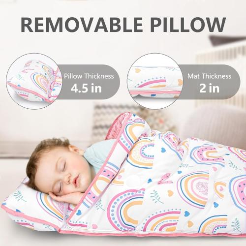 Primlect Toddler Nap Mat Extra Large Thickened 55''x35'', Soft Sleeping Bag with Detachable Minky Blanket and Pillow, Portable for Daycare, Preschool, Kindergarten, Travel, Boys and Girls