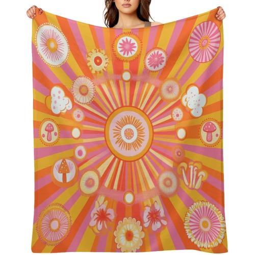 Retro 70s Floral Flannel Blanket,Cartoon Watercolor Hippie Style Flower Mid Century Pattern Soft Warm Lightweight Throw Blanket Bedding Sofa Decor,