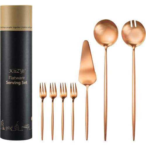 KiiZYs Matte Copper Serving Spoons and Forks Set of 7, Serving Utensils Set 11 inch, Cake Cutter, Salad Server, Pie Server Stainless Steel Flatware Tongs Tosser Kitchen Silverware Gift Box