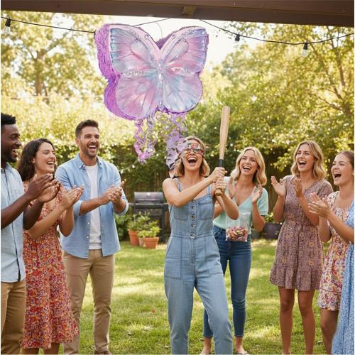 Butterfly Pinata Set - Purple Crystal Butterfly Pull String Piñata with Blindfold, Bat, Confetti for Birthday Fairy Party Decorations (16.1'')