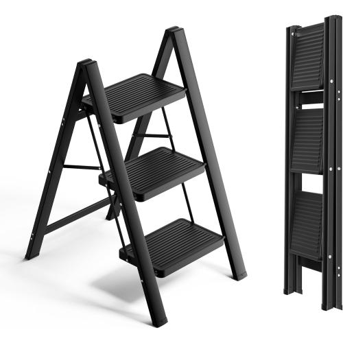 Step Ladder 3 Step Folding, Small Step Stool for Adults, Portable Anti-Slip Iron Stepladder with Wide Pedals for Home and Kitchen Use, Space Saving - Black (300 lbs)