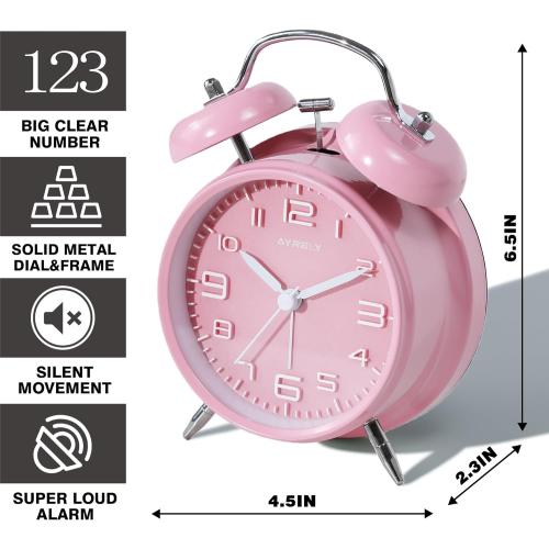 AYRELY® Super Loud Twin Bell Alarm Clock for Heavy Sleepers Adults, 4-Inch Retro Silent Non-Ticking with Night-Light, 3D Raised Number Dial, Battery Operated for Bedroom Bedside (3D Dial – Pink)