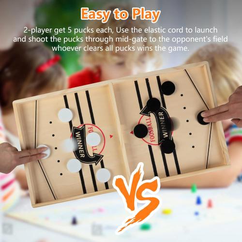 Fast Sling Puck Game - Wooden Hockey Table Board Game with Spare Parts | Indoor 2 Player Tabletop Fast-Paced Slingshot Battle for Adults, Kids & Family Night or Friends Party | Large Size