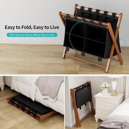 Color Brown and Black Bamboo Luggage Rack with 4 Storage Compartments, Foldable Suitcase Stand for Guest Room, 150lbs Capacity, Sturdy, Space-Saving and Easy to Assemble Organizer