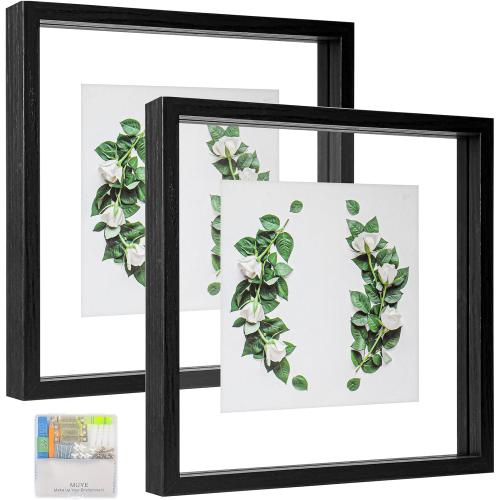 MUYE 10x10 Floating Frames Set of 2,Double Glass Picture Frame Display Any Size Photo up to 10x10,Wall Mount or Tabletop Standing,Black