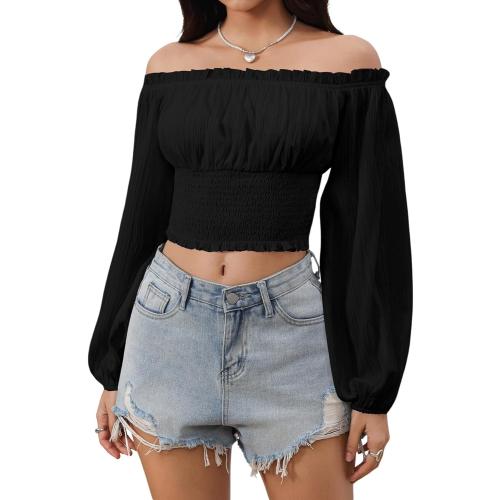 MakeMeChic Women's Off Shoulder Long Sleeve Ruched Crop Tops Going Out Boho Shirt Blouse active usa Large