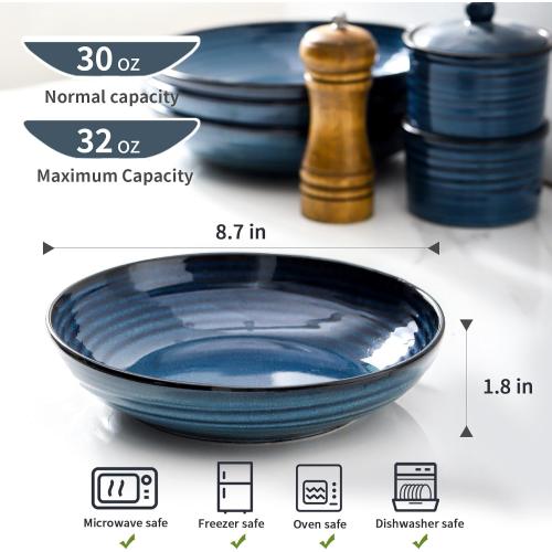 HASENSE Pasta Bowls, Ceramic Serving Bowls Set of 6 Serving Dishes for Salad, Pasta, Soup, Fruit - Blue Dinner Plate Bowls for Home Gift, Dishwasher & Microwave Safe