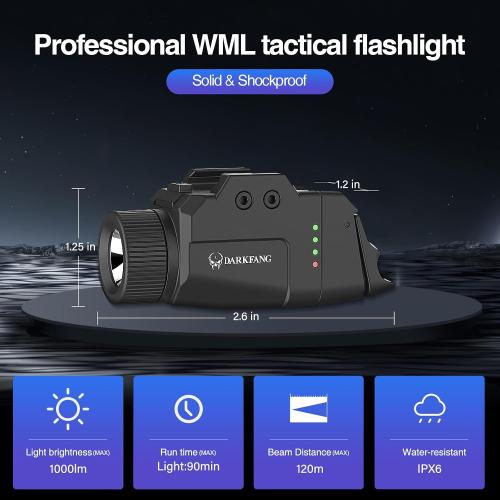 DARKFANG Compact Pistol Flashlight 1000 Lumen Tactical Flashlight | High and Low Rear Switch for Glock and Picatinny Rail