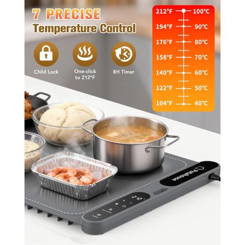 Food Warming Mat, 5s Fast Heating,Electric Warming Tray with 7 Temp 8 Timer Settings,Rollable & Portable Food Warmer for Parties,Buffet,Home and Travel Use