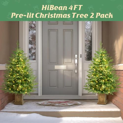 2 pack Size 4FT Christmas Tree with 100 Lights, Potted Artificial Christmas Tree Outdoor Decor 8 Mode Timer Waterproof with Real-Like Tips & Round Branches for Front Door, Porch, 2 Pack (Green) (Green)