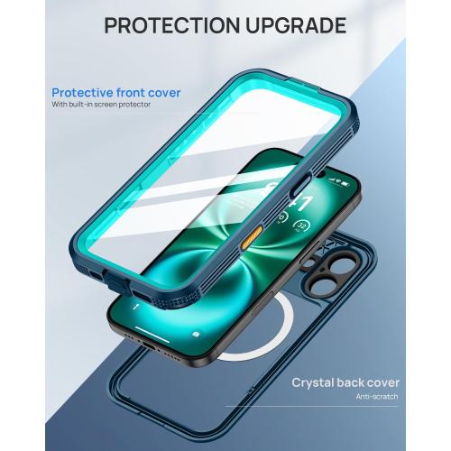Lanhiem Magnetic for iPhone 16 Plus Case, IP68 Waterproof Dustproof Case, [Compatible with Magsafe] [Built-in Screen Protector] Full Body Heavy Duty Rugged Phone Cover 6.7 inch, Blue/Clear