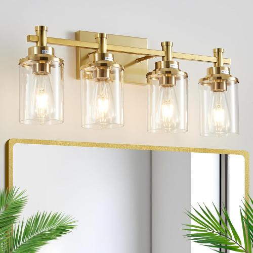 4 Light Brushed Brass Vanity Light Over Mirror, Gold Bathroom Fixtures, Vintage Wall Sconce With Clear Glass Shade, Brushed Gold Lights for Bathroom
