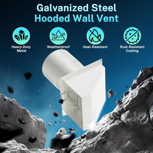HG Power 6 Inch Hooded Wall Vent with Screen and Damper, Galvanized Steel Exhaust Vent, Exterior Dryer Vent Cover for Kitchen Range Hood Air Ventilation, Bathroom Exhaust Fan, White