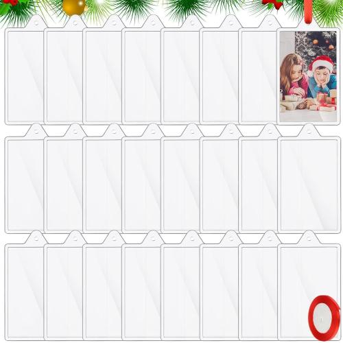 60 Pcs DIY Christmas Picture Frame Ornaments with Red Ribbon, Acrylic Xmas Tree Photo Frame Bulk, Hanging Photo Christmas Ornaments, Plastic Ornament Tree Decor (Square)