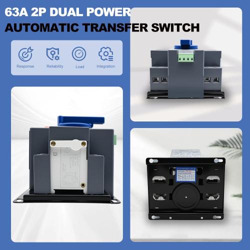 220V 2P 63A Dual Power Automatic Transfer Switch, Generator Changeover Switch 50Hz/60Hz with Automatic and Manual Switching Modes