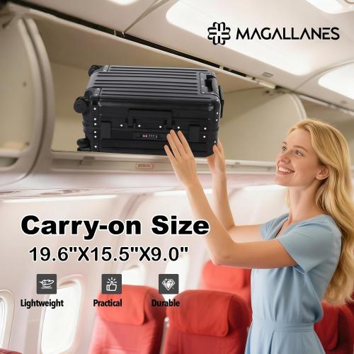 magallanes 20 Inch All Aluminum Carry On Luggage with Laptop Compartment - Zipperless Hard Shell Suitcase, 22x14x9 Airline Approved with Dual TSA Locks & Silent Spinner Wheels, Black
