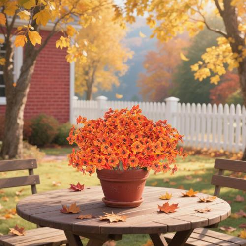 Artificial Fall Flowers Outdoor - Autumn Realistic Faux Plant , Weather-Resistant UV Protection, Perfect for Porch, patio, Garden, Window Box, and Planters Decor(Fall Orange)
