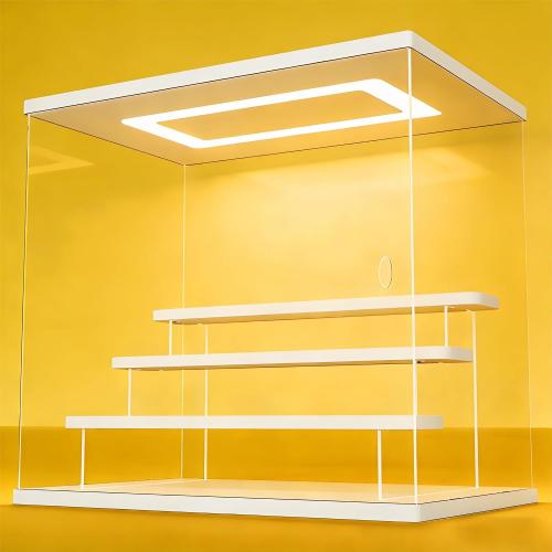 Clear Acrylic Display Case with LED Light, 4 Tier Dustproof Showcase for Collectibles, Figures & Model Cars, Stackable Display Box (White, 12x8x11 in)