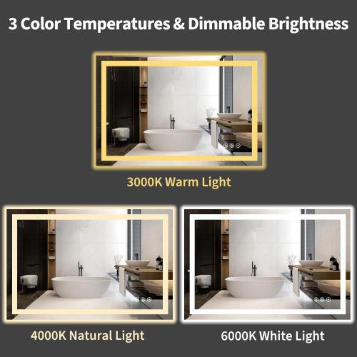 Koonmi 40x30 LED Mirror for Bathroom, 90CRI Anti-Fog Vanity Mirror with Front and Backlight, Shatter-Proof Wall Mirror with Light, Easy Install Lighted Mirror for Modern Bathroom (IP65)