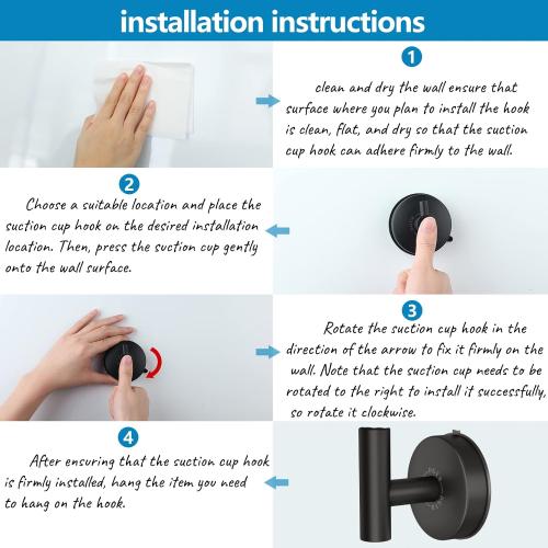 DGYB Large Suction Cup Hooks for Shower Set of 2 Black Towel Hooks for Bathrooms Stainless Steel Suction Hooks for Inside Shower 15 Lb Removable Wall Hook for Hanging Heavy Duty