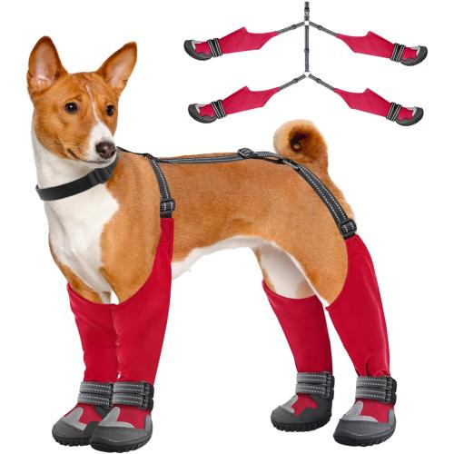 Idepet Dog Suspender Boots, Tall Dog Boots Anti-Slip & Fall Waterproof Shoes Leggings, Adjustable Suspender Boots for Winter Snow Rain Hiking Paws Protector (Red, 7)