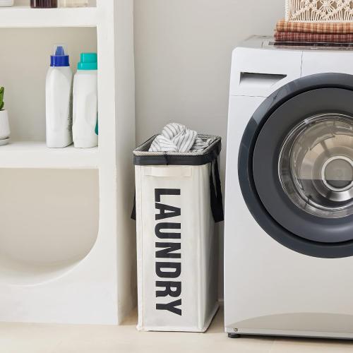 Slim Laundry Hamper with Removable Inner Bag and Side Handles, 45L Small Laundry Baskets to Store Clothes, Narrow Dirty Clothes Hamper for Laundry Room, Bathroom, Bedroom, and Living Room - Beige