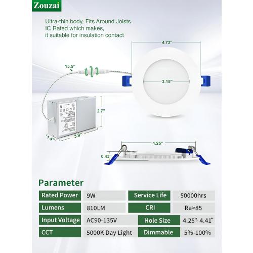 zouzai 12 Pack 4 Inch Ultra-Thin LED Recessed Ceiling Light with Junction Box, 5000K Daylight, 9W Eqv 80W, Dimmable Canless Wafer Downlight, 810LM High Brightness, ETL and Energy Star Certified