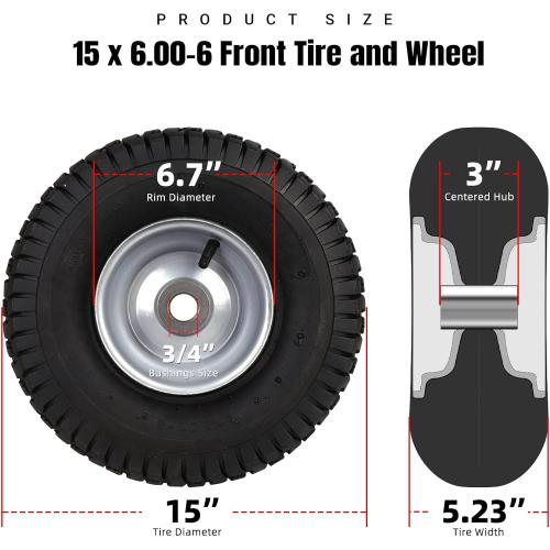 AR-PRO (2-Pack) 15 x 6.00-6 Front Tire and Wheel Assembly for Riding Mower Lawn Tractor, 3 Centered Hub, 3/4 Sintered Iron Bushings, 4Ply Pneumatic with Turf Tread