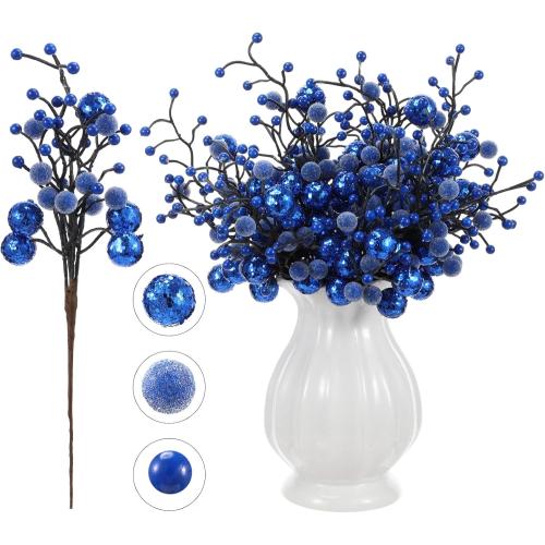 Syhood 12 Pack 11.8 Inch Valentines Glitter Holly Berries Stems Artificial Frosted Berries Picks for Christmas Tree Garland Wreaths Vase Fillers DIY Crafts Holiday Wedding Home Decor(Royal Blue)
