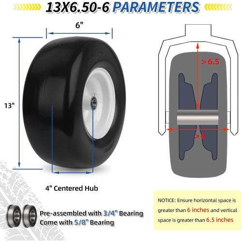 13x6.50-6 Flat Free Lawn Mower Tire and Wheel, Solid Smooth Zero Turn Mower Front Tire Assembly, with 3/4 & 5/8 Bearing, 4-6.5 Centered Hub, Compatible with Lawnmower Garden Tractor, 2 Pack