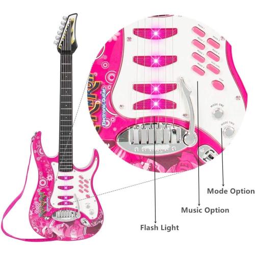 Willbebest Kids Karaoke Microphone & Guitar Set - Electric Guitar with Microphone Amplifier for Boys & Girls (Pink)