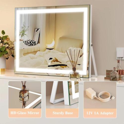 Gvnkvn Ligheted Vanity Mirror with Lights, 14 x 10 LED Makeup Mirror, 3 Modes Light, Smart Touch Control Dimmable, 360°Rotation, Rectangle White Frame
