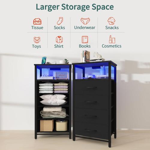 Yoobure Night Stand - Small Dresser for Bedroom, LED Black Nightstand with Charging Station, Bedside Table with 4 Fabric Drawers and Open Shelf, Vertical Dressers with USB Ports and Outlets may have missing accessories