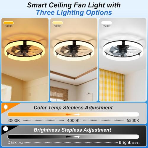 20 Ceiling Fans with Lights and Remote, 3000K-6500K Dimmable Flush Mount, 6 Speed Quiet Reversible Motor, APP & Remote Control, Low Profile Fandelier for Bedroom, Kitchen, Living Room