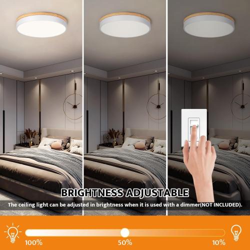 Dimmable Wood LED Flush Mount Ceiling Light, 5CCT 2700K-6000K Modern Round Close to Ceiling Lighting Fixtures, Minimalist White Ceiling Lamp for Living Room, Bedroom, Laundry Room